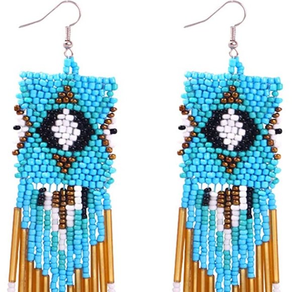 Long 6" Turquoise Southwestern Handmade Beaded Tribal Earrings New Oversized - Picture 2 of 4
